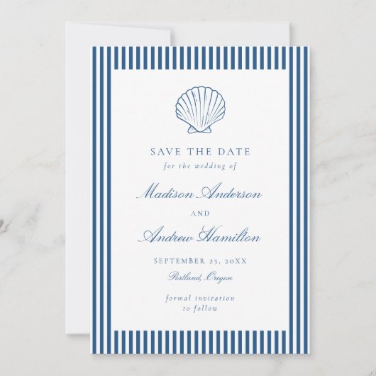 Coastal Navy Stripe Shell Wedding Save the Date (Vorderseite)
