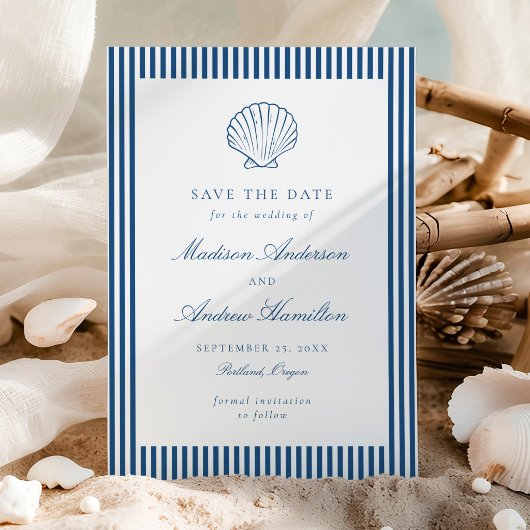 Coastal Navy Stripe Shell Wedding Save the Date
