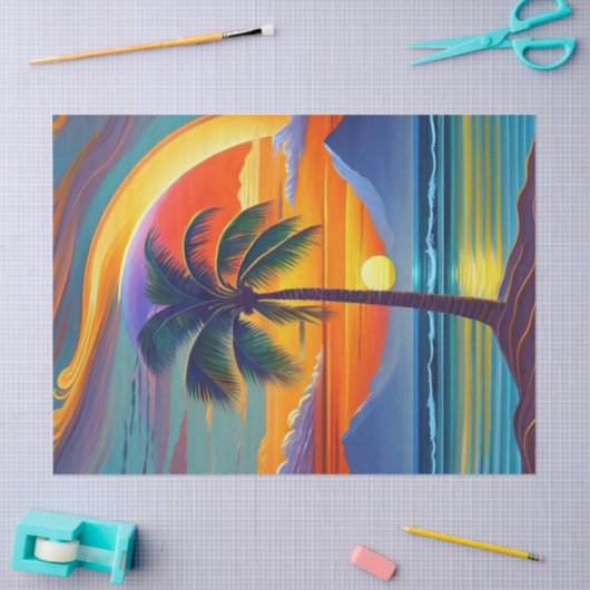 Coastal Orange Sunset Palm Illustration Seidenpapier (Basteln)