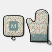 Coastal Oyster Shell Monogram Ofenhandschuh & Topflappen-Set (Vorderseite)
