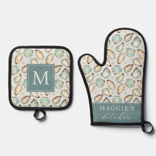 Coastal Oyster Shell Monogram Ofenhandschuh & Topflappen-Set (Vorderseite)