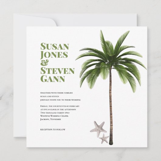 Coastal Palm Tree Bold Typografy Beach Wedding Einladung (Vorderseite)