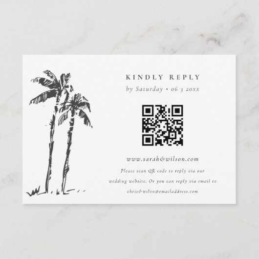 Coastal Palm Tree Sketch Wedding QR Code UAWG Begleitkarte (Vorderseite)