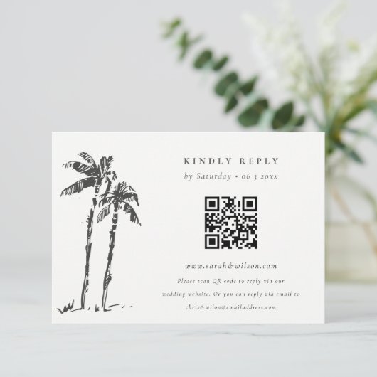 Coastal Palm Tree Sketch Wedding QR Code UAWG Begleitkarte (Stehend Vorderseite)