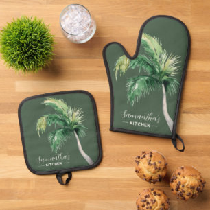 Coastal Palm Tree Watecolor Script Personalisiert Ofenhandschuh & Topflappen-Set