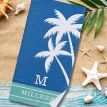 Coastal Palm Trees Monogram Family Name Blue Green