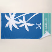 Coastal Palm Trees Monogram Family Name Blue Green Strandtuch (Vorderseite)