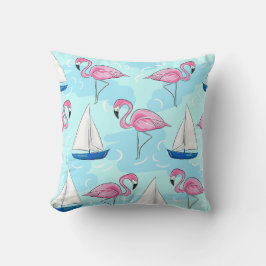 Coastal Pink Flamingo Blue Sailboat Preppy Kissen