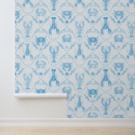 Coastal Preppy Lobster and Crabs in Light Blue Tapete
