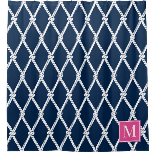 Coastal Preppy Nautical Monogram - Navy & Hot Pink Duschvorhang (Vorderseite)