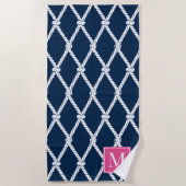 Coastal Preppy Nautical Monogram  – Navy & Pink Strandtuch (Vorderseite)