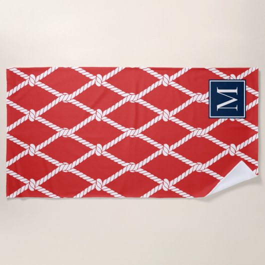 Coastal Preppy Nautical Monogram – Red & Navy Strandtuch (Vorderseite)