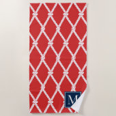 Coastal Preppy Nautical Monogram – Red & Navy Strandtuch (Vorderseite)