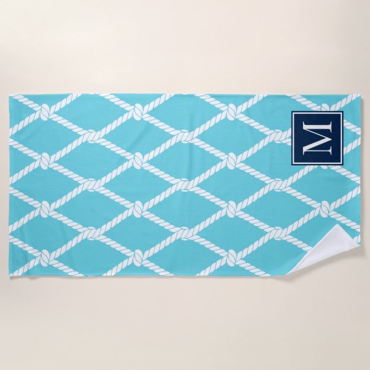 Coastal Preppy Nautical Monogram  – Turq & Navy Strandtuch (Vorderseite)