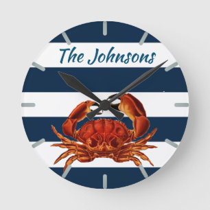 Coastal Red Crab Nautical Stripes Runde Wanduhr