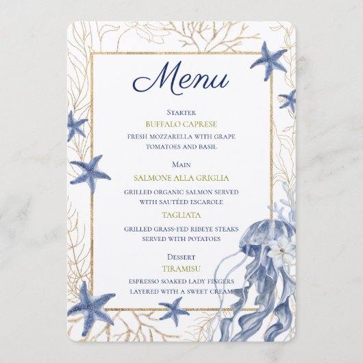 Coastal Rehearsal Dinner Wedding Menu Card Menükarte (Vorderseite)