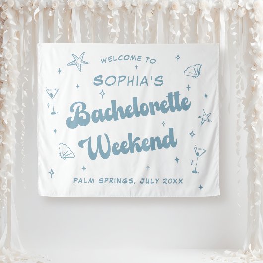 Coastal Retro Beach Dusty Blue Bachelorette Wandteppich