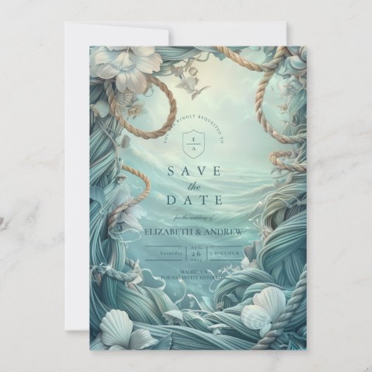 Coastal Rope Botanical Ocean Wedding Save The Date (Vorderseite)