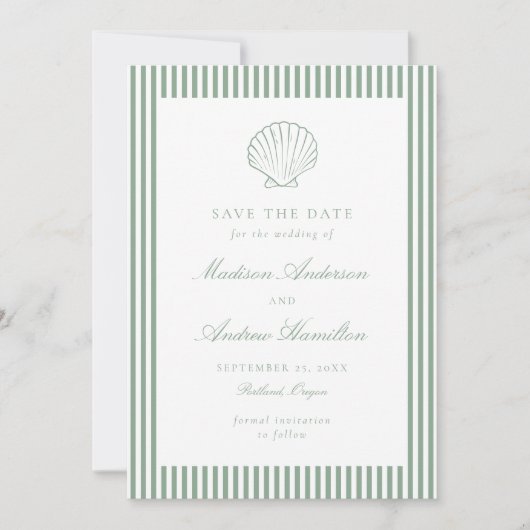 Coastal Sage Stripe Shell Wedding Save the Date (Vorderseite)