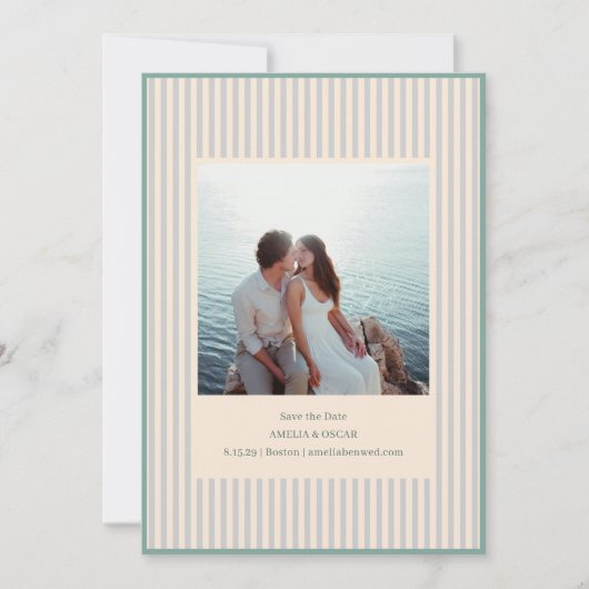 Coastal Sage Stripes Photo Stylish Trendy Wedding Save The Date (Vorderseite)