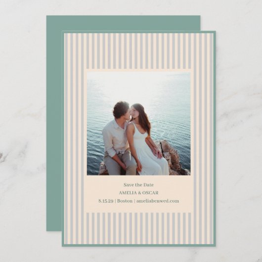 Coastal Sage Stripes Photo Stylish Trendy Wedding Save The Date (Vorne/Hinten)