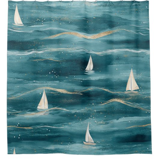 Coastal Sailboat Waves Nautical Pattern (3) Duschvorhang (Vorderseite)