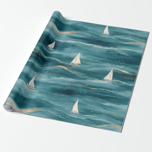 Coastal Sailboat Waves Nautical Pattern (3) Geschenkpapier (Ungerollt)
