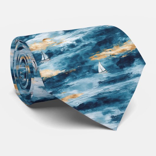 Coastal Sailboat Waves Nautical Pattern (4) Krawatte (Gerollt)