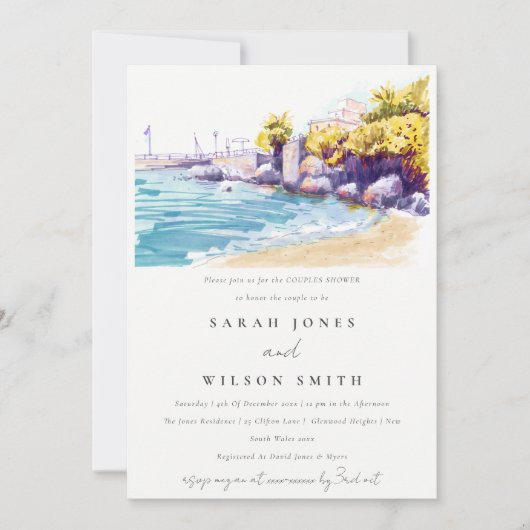 Coastal Sand Beach Rocky Seascape Paare Dusche Einladung (Vorderseite)