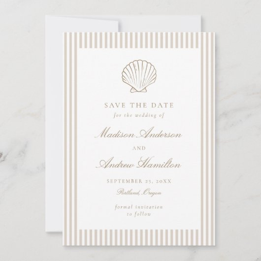 Coastal Sand Stripe Shell Wedding Save the Date (Vorderseite)