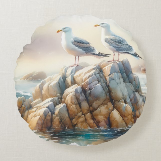 Coastal Seagulls Watercolor Seascape Rundes Kissen (Vorderseite)