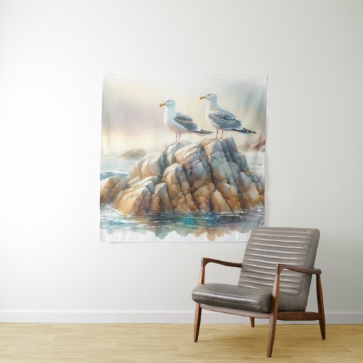 Coastal Seagulls Watercolor Seascape Wandteppich (Beispiel)
