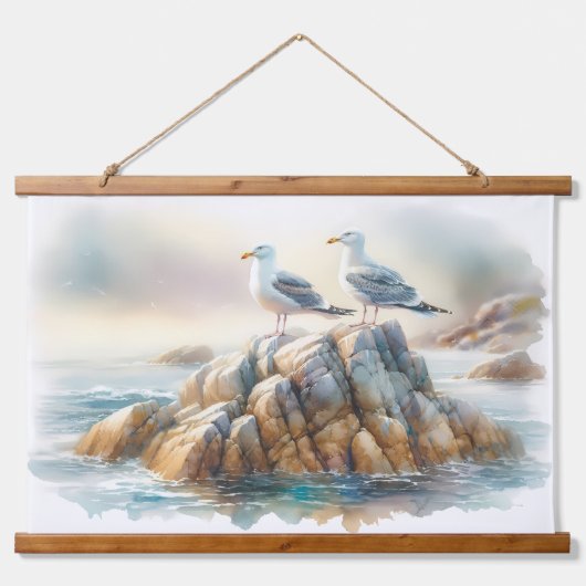 Coastal Seagulls Watercolor Seascape Wandteppich Mit Holzrahmen (Vorne)