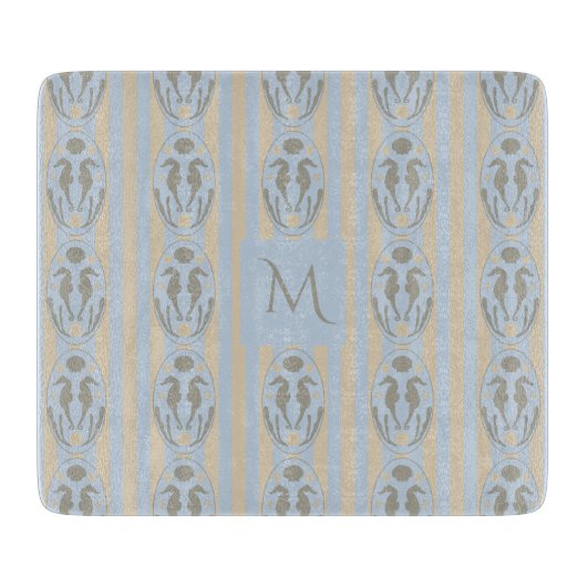 Coastal Seahorse Cameo Blue Cream Strip Monogram Schneidebrett (Vorderseite)