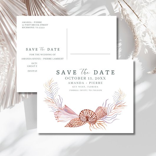 Coastal Seashell Beach Wedding Save the Date Ankündigungspostkarte