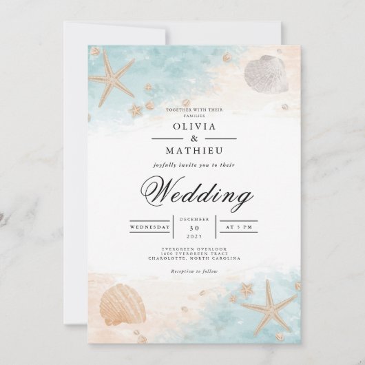Coastal Seashell Bloom Wedding Einladung (Vorderseite)