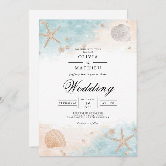 Coastal Seashell Bloom Wedding Einladung (Vorne/Hinten)