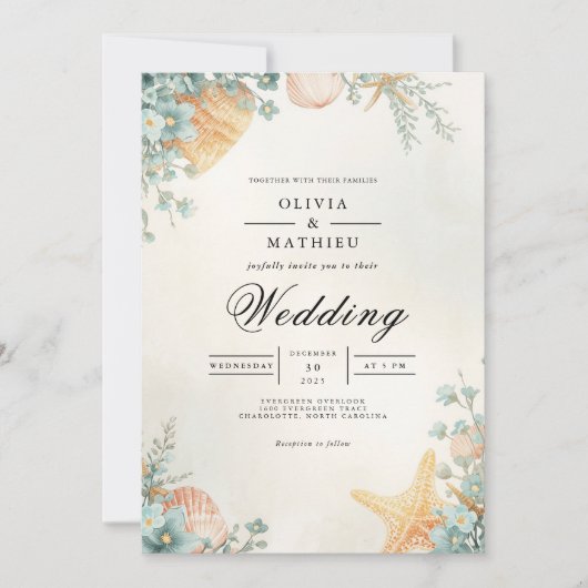Coastal Seashell Botanical Arch Wedding Einladung (Vorderseite)