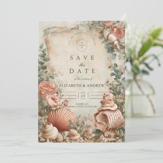Coastal Seashell Botanical Elegance Save The Date (Stehend Vorderseite)