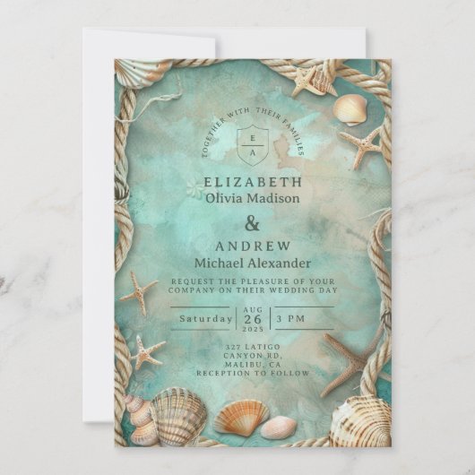 Coastal Seashell Botanical Wedding Einladung (Vorderseite)