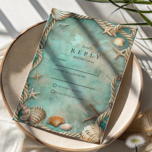 Coastal Seashell Botanical Wedding RSVP Karte