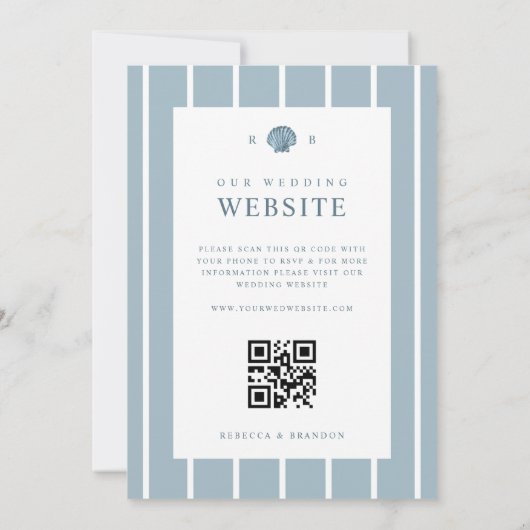 Coastal Seashell Monogram Blue QR Code Wedding Einladung (Rückseite)
