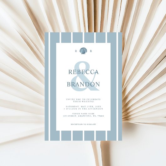 Coastal Seashell Monogram Blue QR Code Wedding Einladung