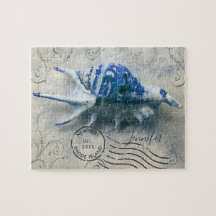 Coastal Seashell Monogram Name Indigo Blue Puzzle