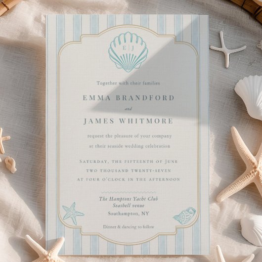 Coastal Seashell Monogram Nautical Striped Wedding Einladung