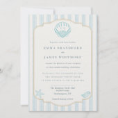 Coastal Seashell Monogram Nautical Striped Wedding Einladung (Vorderseite)
