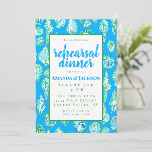 Coastal Seashell Probe Abendessen Einladung (Stehend Vorderseite)