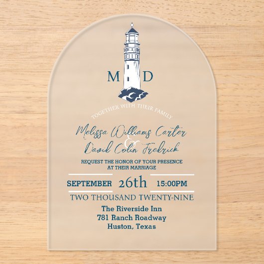 Coastal Seaside Beach Nautical Lighthouse Hochzeit Acryleinladungen (Vorderseite)