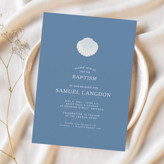 Coastal shell blue Christian baptism Invitation Einladung