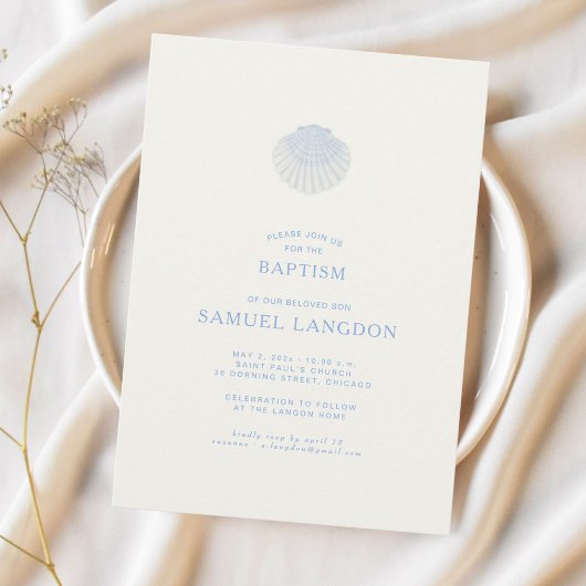 Coastal shell blue Christian baptism Invitation Einladung